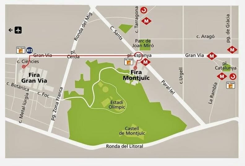 mapa de la fira de montjuic y Gran Via