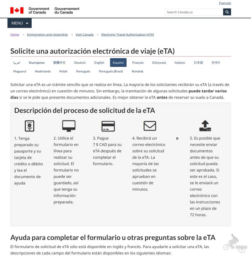 web oficial eTA Canada