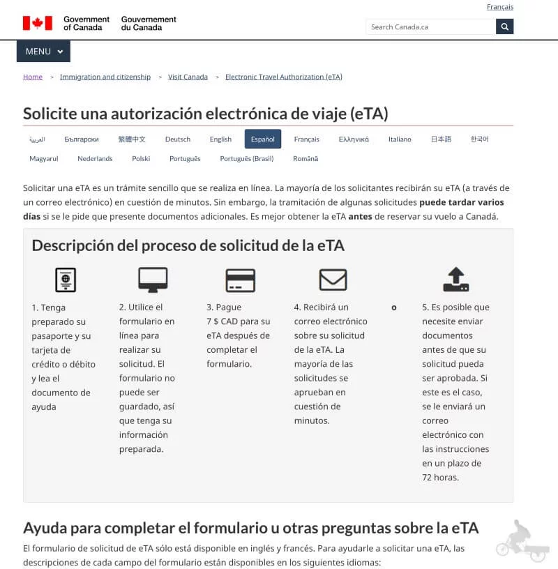 web oficial eTA Canada