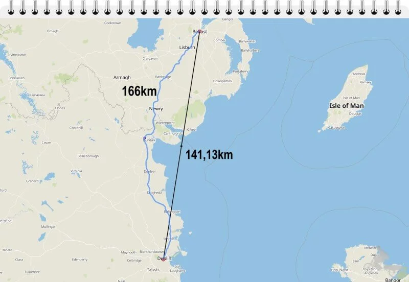 distancia belfast dublin linea recta mapa