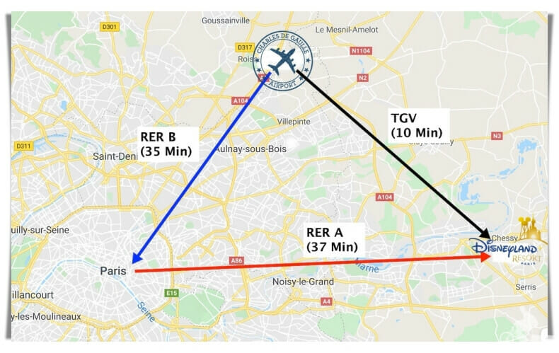 distancias París aeropuerto CDG y disney