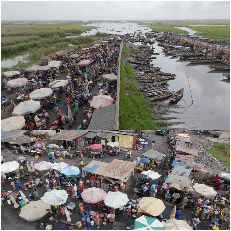 mercado de pescadores Abomey-Calavi desde el aire con drone 