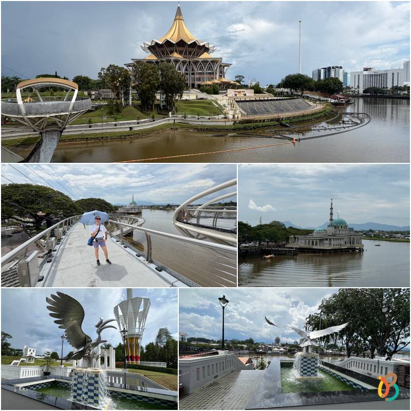 puente peatonal Darul Hana, que une ambas orillas del río con vistas al Parlamento de Sarawak