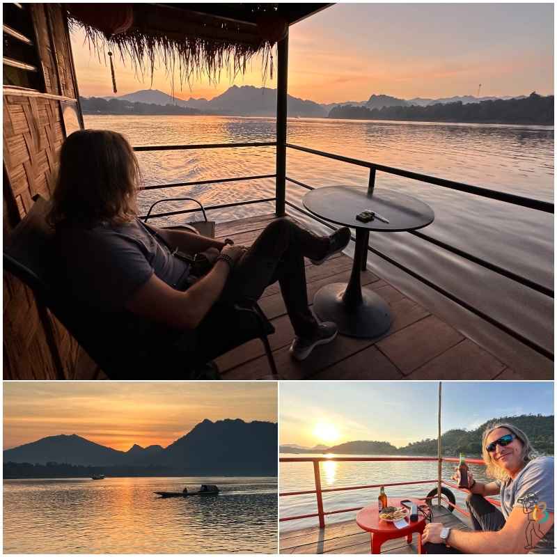 Barco navegando en el Mekong durante la puesta de sol en Luang Prabang.
